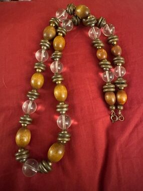 Wood and Clear Glass Bead Necklace - Brown and Clear
